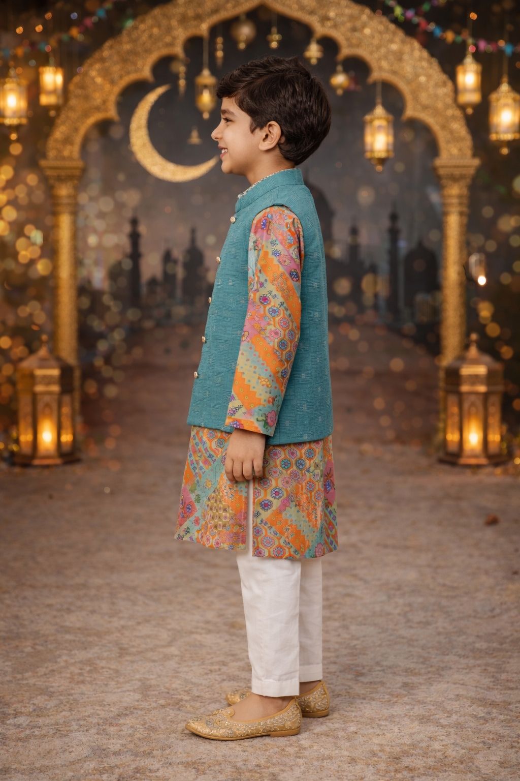 Pspeaches Boys Multi Ethnic Asymmetrical Bamboo Straight Fit Kurta With Pyjama & Jacket ( Sku-Kp-Orangebmboo )