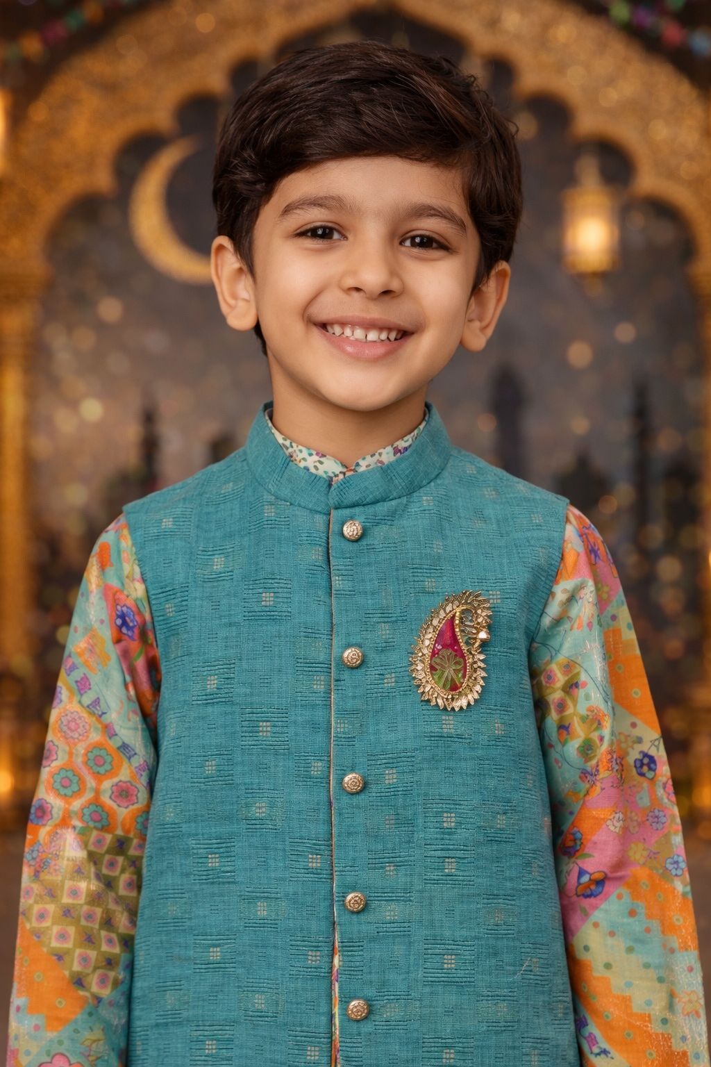 Pspeaches Boys Multi Ethnic Asymmetrical Bamboo Straight Fit Kurta With Pyjama & Jacket ( Sku-Kp-Orangebmboo )