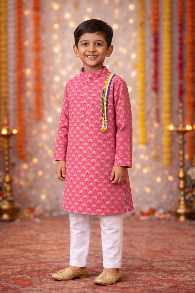 Pspeaches Boys Pink Ethnic Motifs Pattern Cotton A-Line Kurta With Pyjama Set ( Sku-Kp-Pinkbooti )