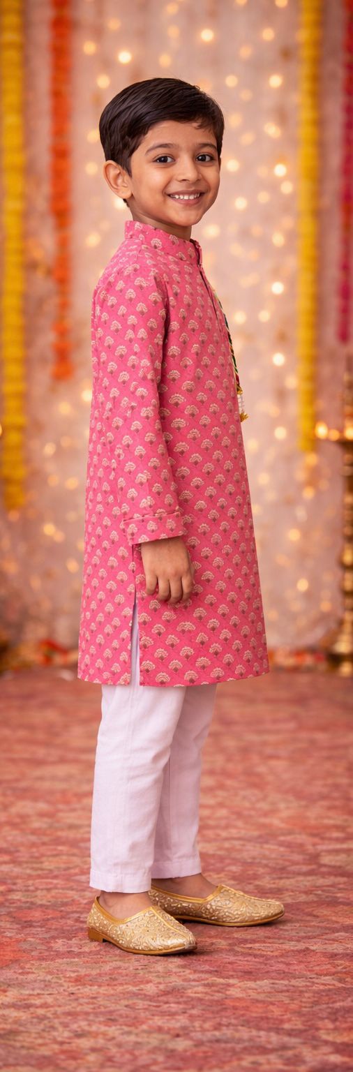 Pspeaches Boys Pink Ethnic Motifs Pattern Cotton A-Line Kurta With Pyjama Set ( Sku-Kp-Pinkbooti )