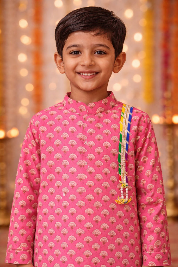 Pspeaches Boys Pink Ethnic Motifs Pattern Cotton A-Line Kurta With Pyjama Set ( Sku-Kp-Pinkbooti )