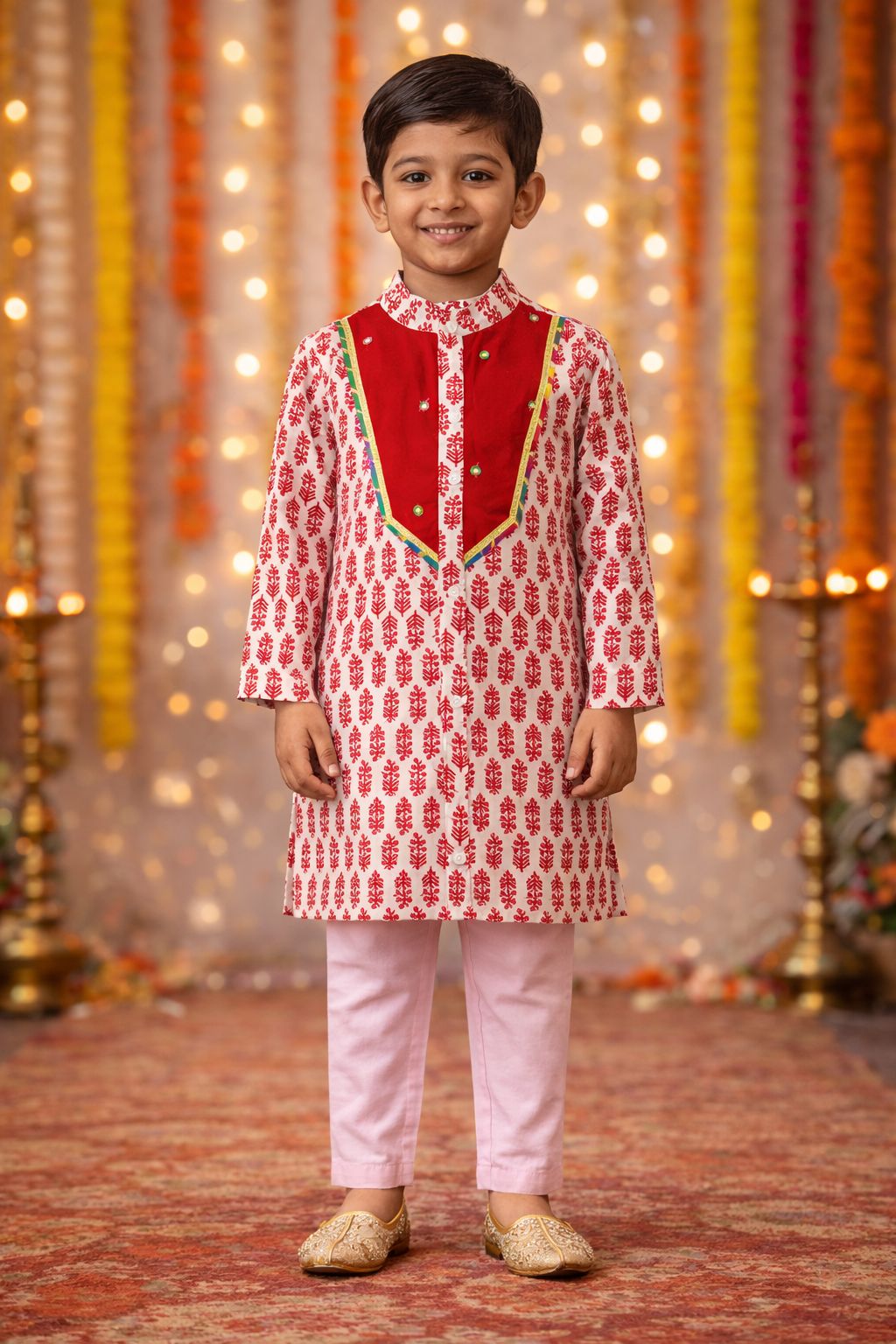 Pspeaches Boys Red & Pink Ethnic Motifs Pattern Cotton A-Line Kurta With Pyjama Set ( Sku-Kp-Redbooti )