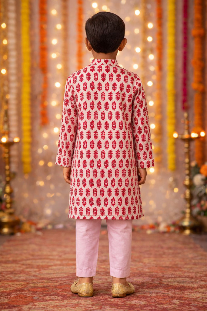 Pspeaches Boys Red & Pink Ethnic Motifs Pattern Cotton A-Line Kurta With Pyjama Set ( Sku-Kp-Redbooti )