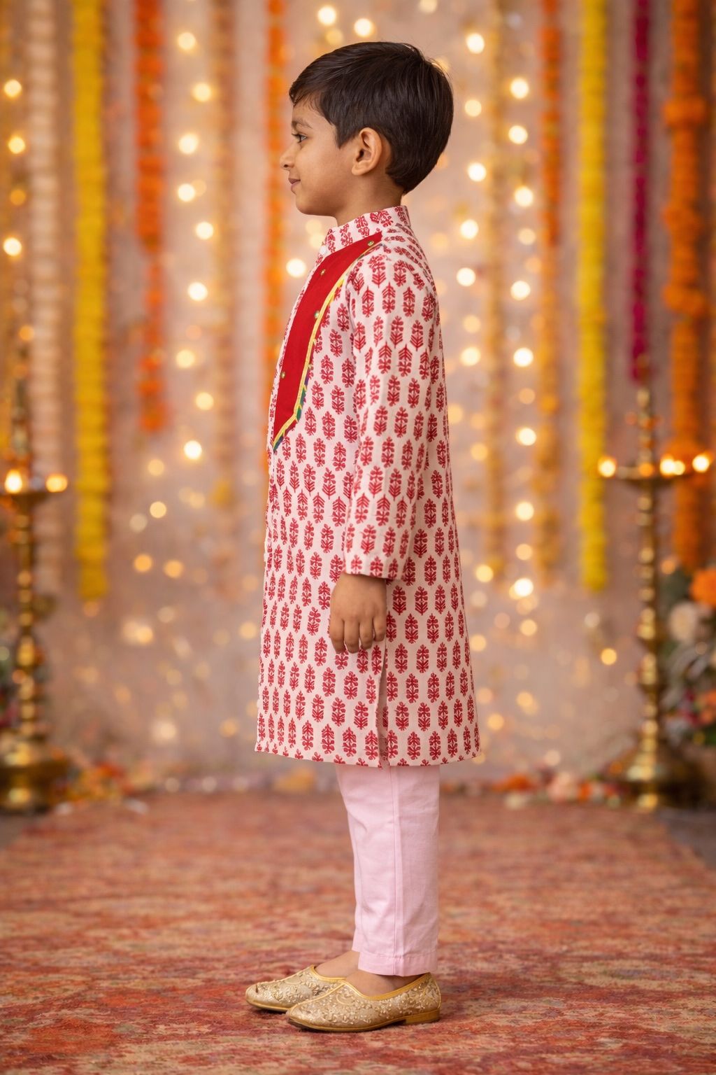Pspeaches Boys Red & Pink Ethnic Motifs Pattern Cotton A-Line Kurta With Pyjama Set ( Sku-Kp-Redbooti )