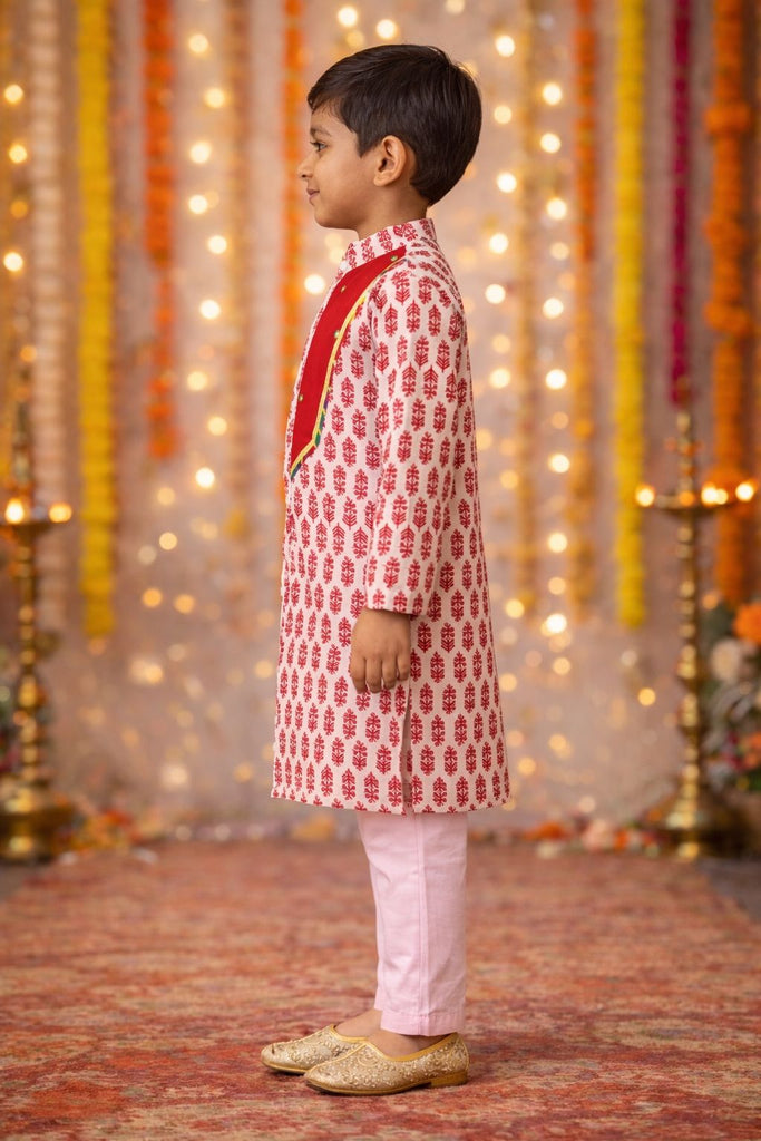Pspeaches Boys Red & Pink Ethnic Motifs Pattern Cotton A-Line Kurta With Pyjama Set ( Sku-Kp-Redbooti )