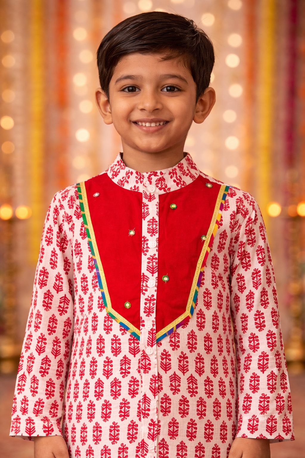 Pspeaches Boys Red & Pink Ethnic Motifs Pattern Cotton A-Line Kurta With Pyjama Set ( Sku-Kp-Redbooti )
