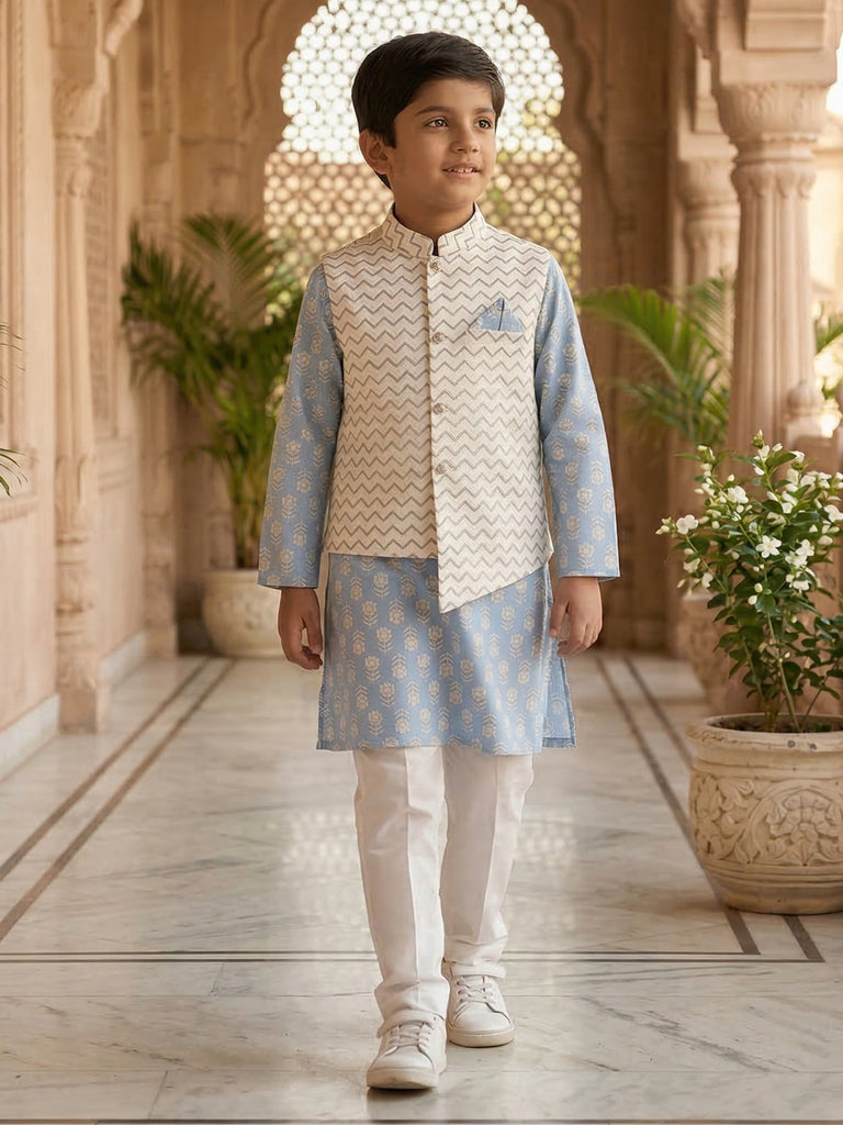 Pspeaches Boy Sky-Blue Ethnic Printed Straight Fit Cotton Kurta & Pyjamas With Foil print Jacket (Sku-Kp-Bluebooti)