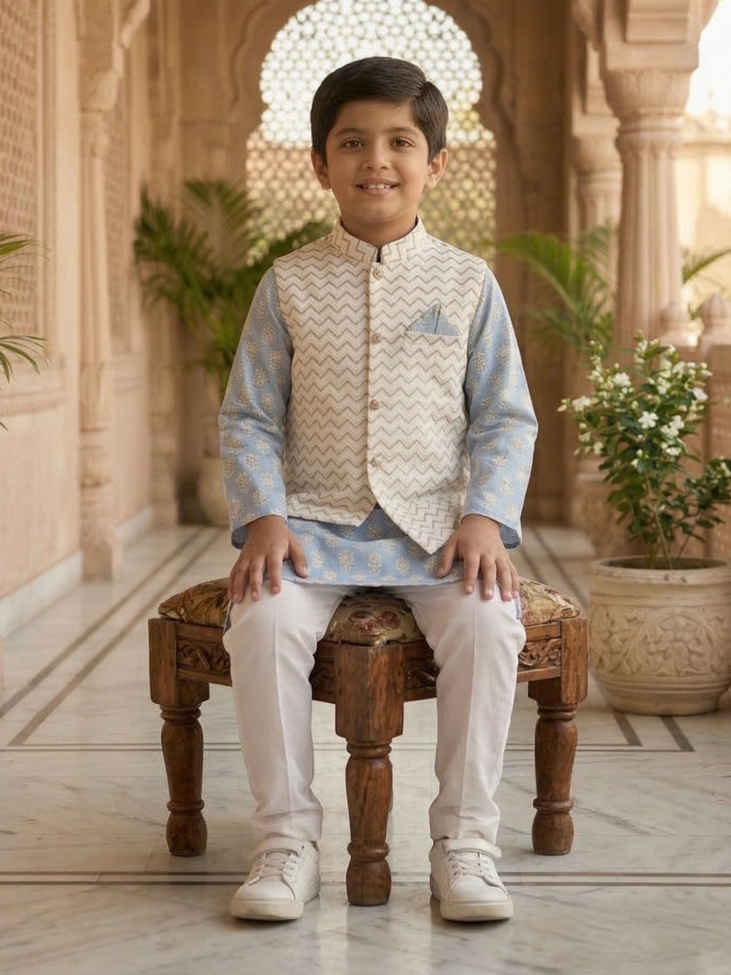 Pspeaches Boy Sky-Blue Ethnic Printed Straight Fit Cotton Kurta & Pyjamas With Foil print Jacket (Sku-Kp-Bluebooti)