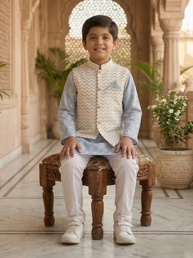 Pspeaches Boy Sky-Blue Ethnic Printed Straight Fit Cotton Kurta & Pyjamas With Foil print Jacket (Sku-Kp-Bluebooti)