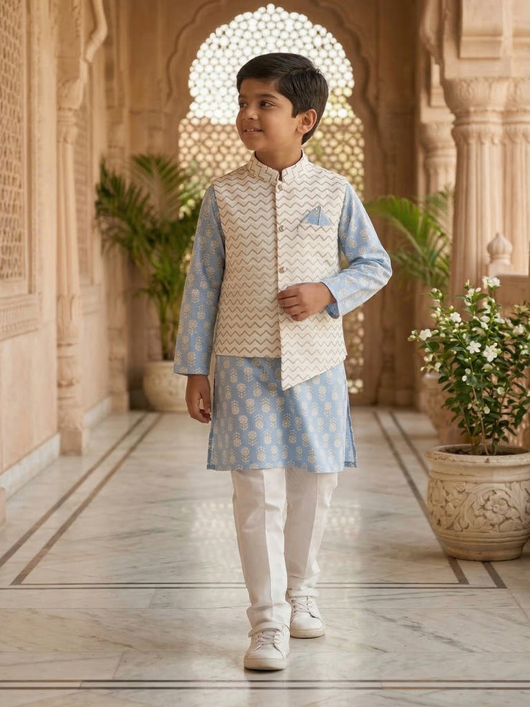 Pspeaches Boy Sky-Blue Ethnic Printed Straight Fit Cotton Kurta & Pyjamas With Foil print Jacket (Sku-Kp-Bluebooti)