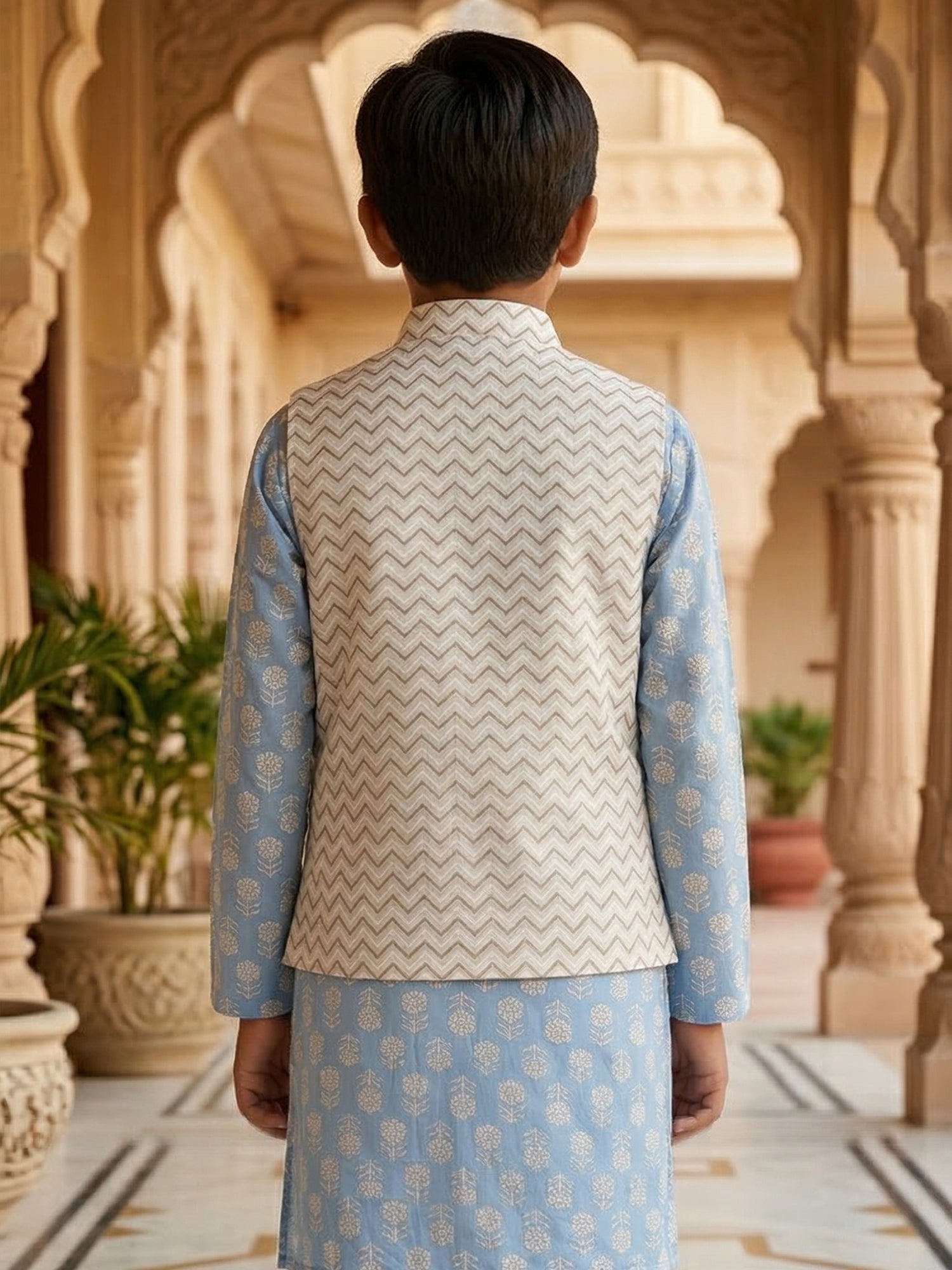 Pspeaches Boy Sky-Blue Ethnic Printed Straight Fit Cotton Kurta & Pyjamas With Foil print Jacket (Sku-Kp-Bluebooti)