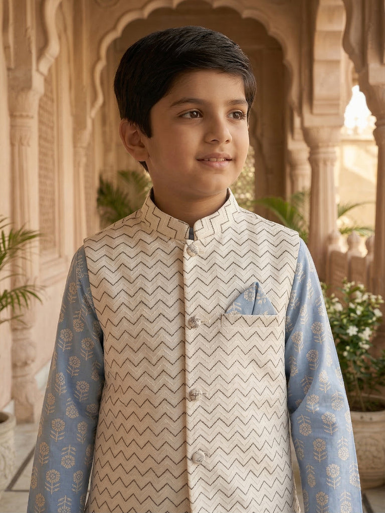 Pspeaches Boy Sky-Blue Ethnic Printed Straight Fit Cotton Kurta & Pyjamas With Foil print Jacket (Sku-Kp-Bluebooti)