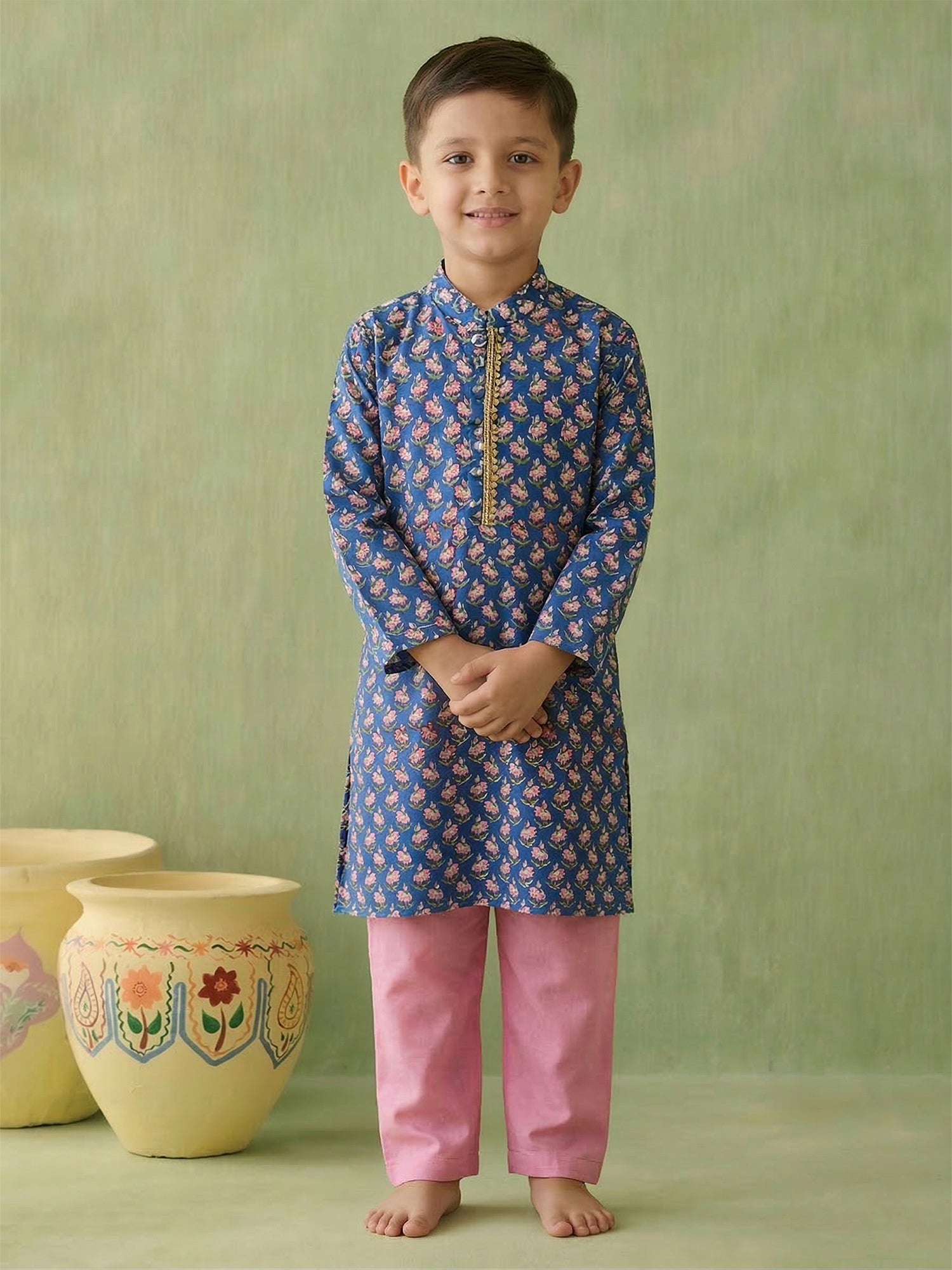 Pspeaches Boy Blue Ethnic Printed Straight Fit Cotton Kurta With Pyjamas (Sku-Kp-Bluepinkbooti)