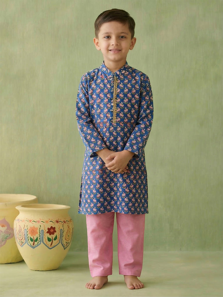 Pspeaches Boy Blue Ethnic Printed Straight Fit Cotton Kurta With Pyjamas (Sku-Kp-Bluepinkbooti)