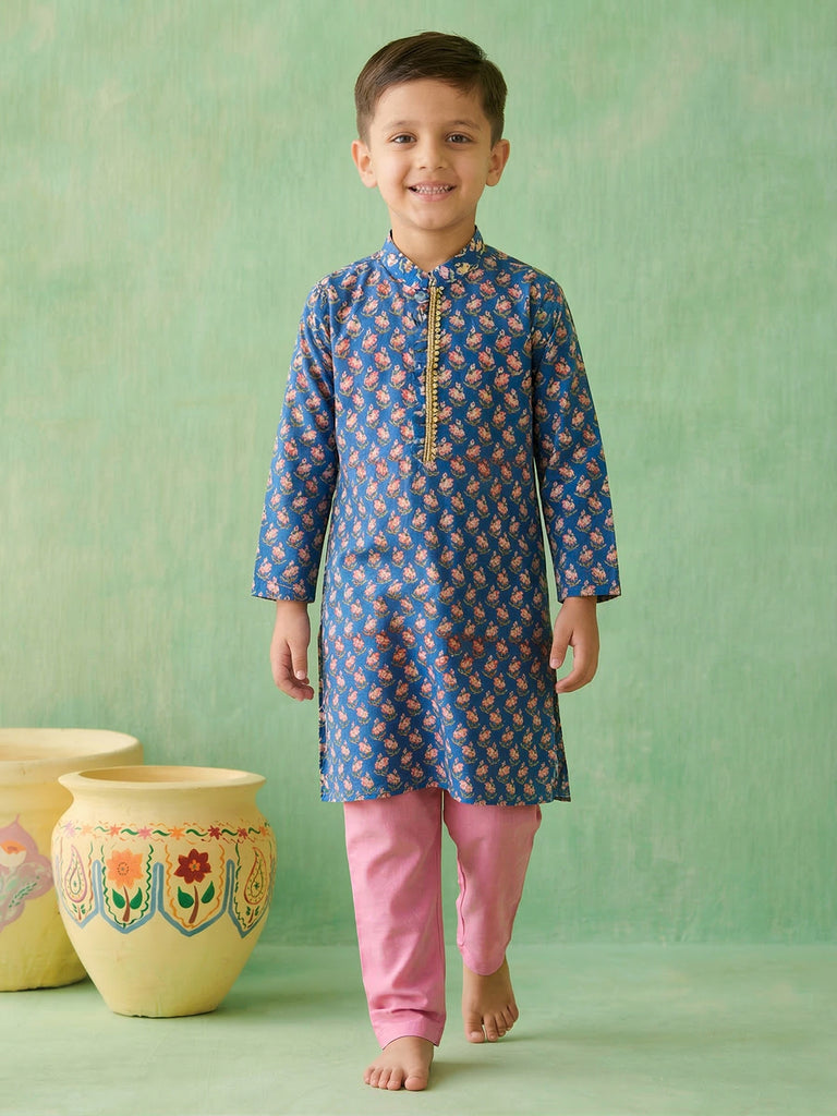 Pspeaches Boy Blue Ethnic Printed Straight Fit Cotton Kurta With Pyjamas (Sku-Kp-Bluepinkbooti)