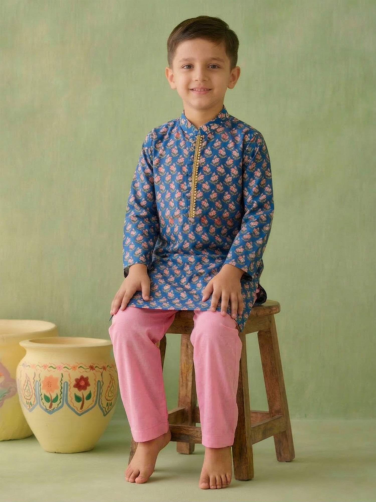 Pspeaches Boy Blue Ethnic Printed Straight Fit Cotton Kurta With Pyjamas (Sku-Kp-Bluepinkbooti)