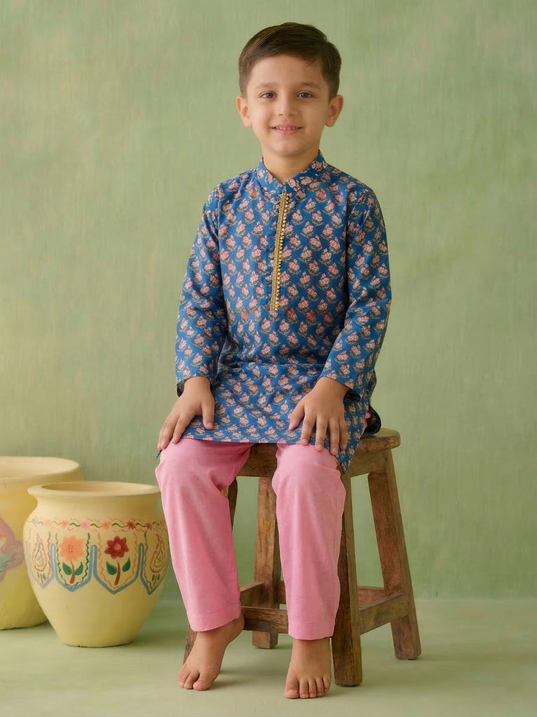 Pspeaches Boy Blue Ethnic Printed Straight Fit Cotton Kurta With Pyjamas (Sku-Kp-Bluepinkbooti)