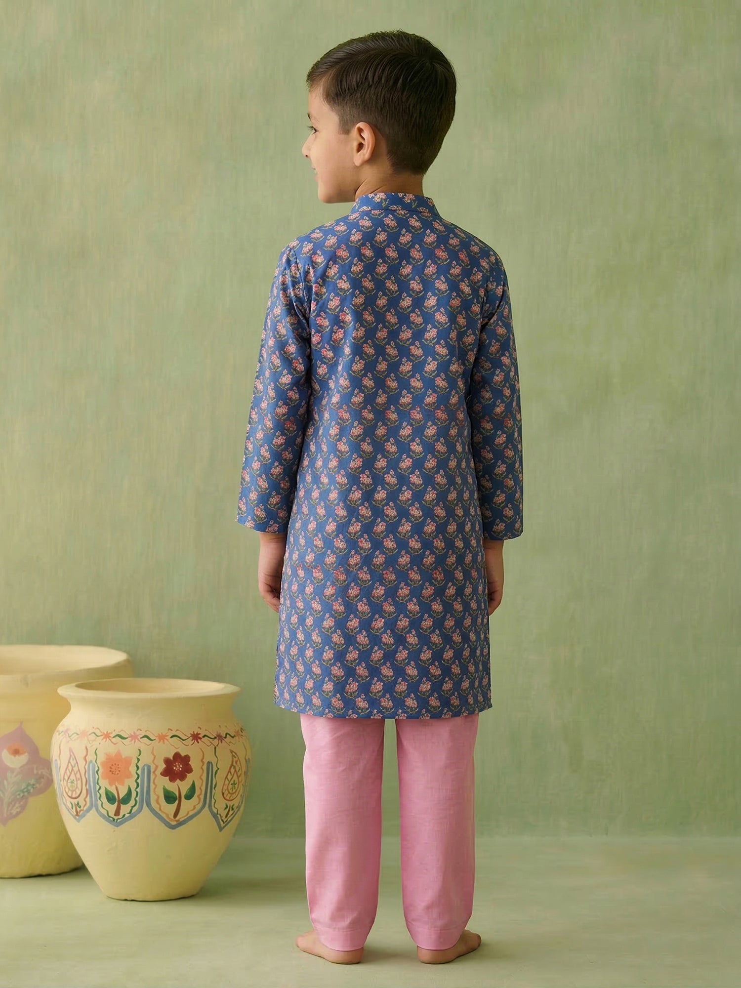 Pspeaches Boy Blue Ethnic Printed Straight Fit Cotton Kurta With Pyjamas (Sku-Kp-Bluepinkbooti)
