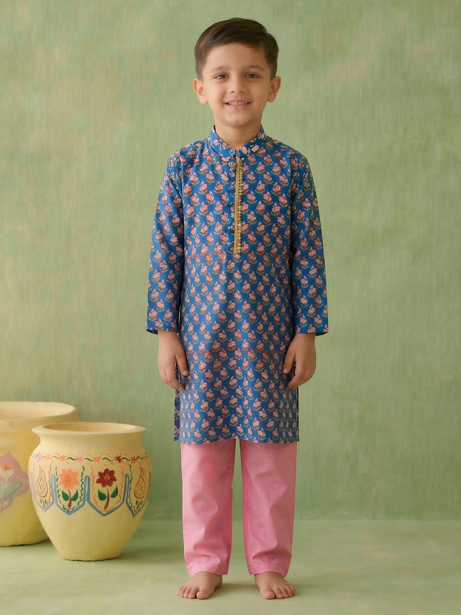 Pspeaches Boy Blue Ethnic Printed Straight Fit Cotton Kurta With Pyjamas (Sku-Kp-Bluepinkbooti)