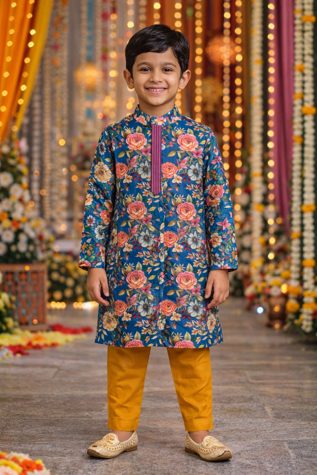 Pspeaches Boys Mustard & Blue Ethnic Floral Sugarcane A-Line Kurta With Pyjama Set ( Sku-Kp-Bluepintuck )