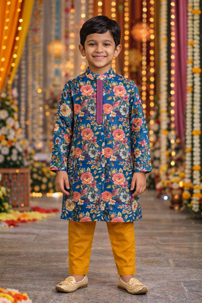 Pspeaches Boys Mustard & Blue Ethnic Floral Sugarcane A-Line Kurta With Pyjama Set ( Sku-Kp-Bluepintuck )