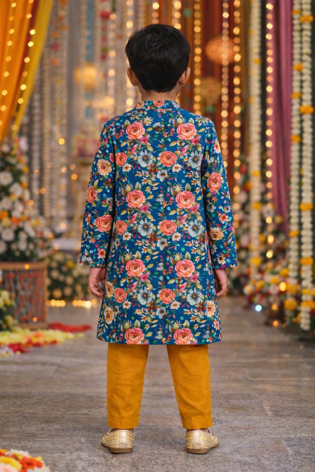 Pspeaches Boys Mustard & Blue Ethnic Floral Sugarcane A-Line Kurta With Pyjama Set ( Sku-Kp-Bluepintuck )