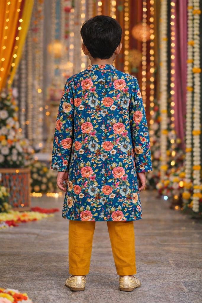 Pspeaches Boys Mustard & Blue Ethnic Floral Sugarcane A-Line Kurta With Pyjama Set ( Sku-Kp-Bluepintuck )