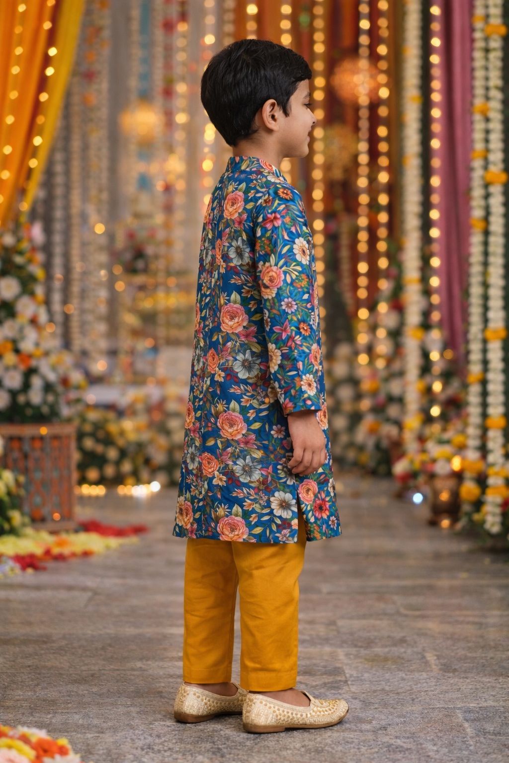 Pspeaches Boys Mustard & Blue Ethnic Floral Sugarcane A-Line Kurta With Pyjama Set ( Sku-Kp-Bluepintuck )
