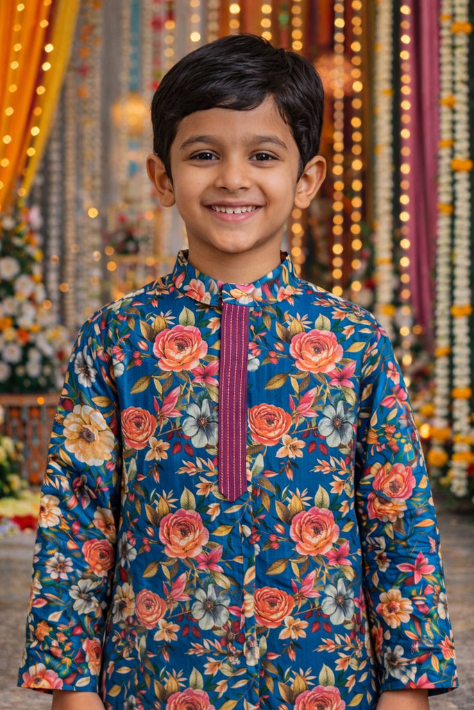 Pspeaches Boys Mustard & Blue Ethnic Floral Sugarcane A-Line Kurta With Pyjama Set ( Sku-Kp-Bluepintuck )