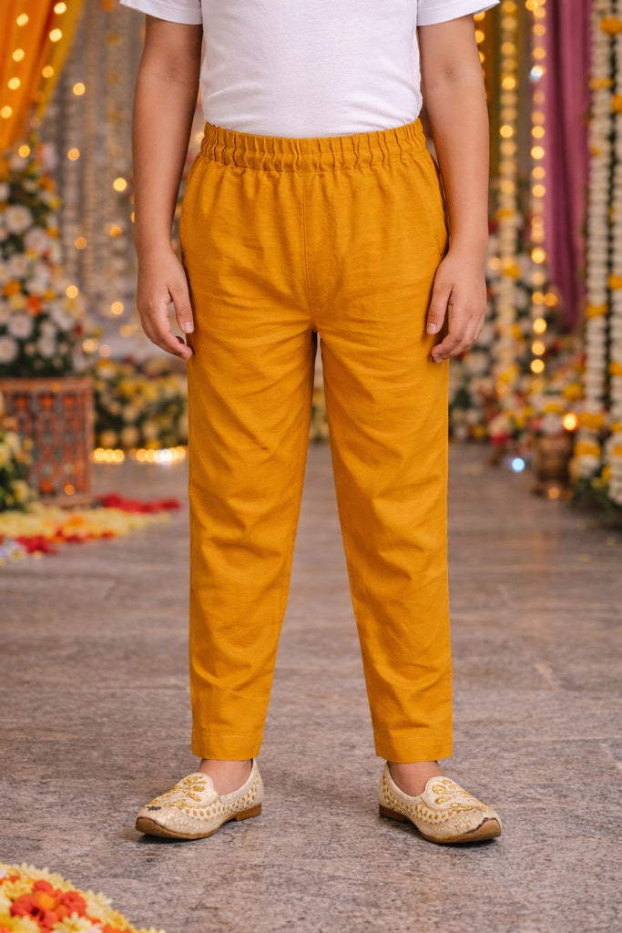 Pspeaches Boys Mustard & Blue Ethnic Floral Sugarcane A-Line Kurta With Pyjama Set ( Sku-Kp-Bluepintuck )