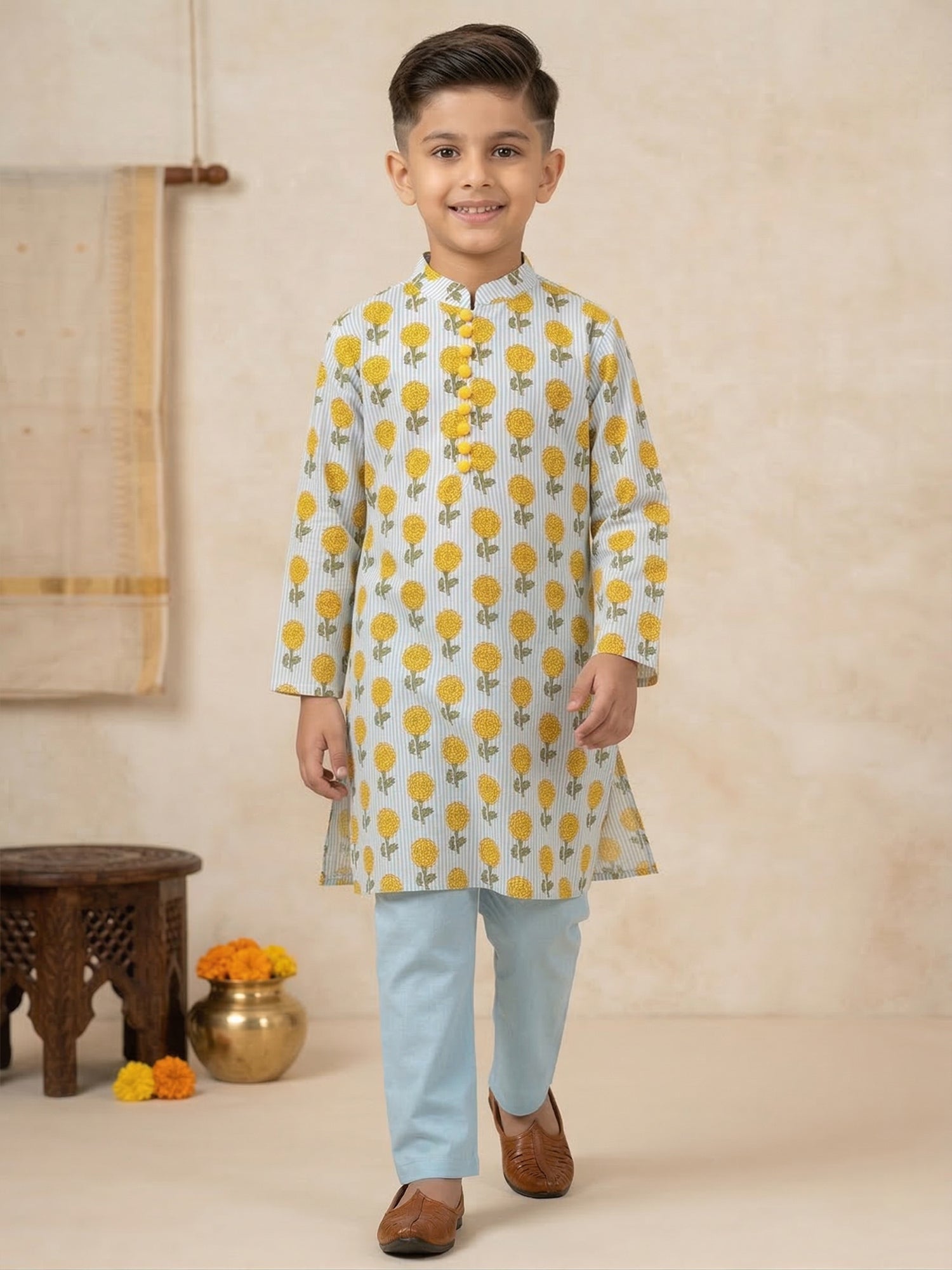 Pspeaches Boy Pastel Blue Ethnic Floral With Stripe Print Straight Fit Cotton Kurta With Pyjamas (Sku-Kp-Bluestripe)