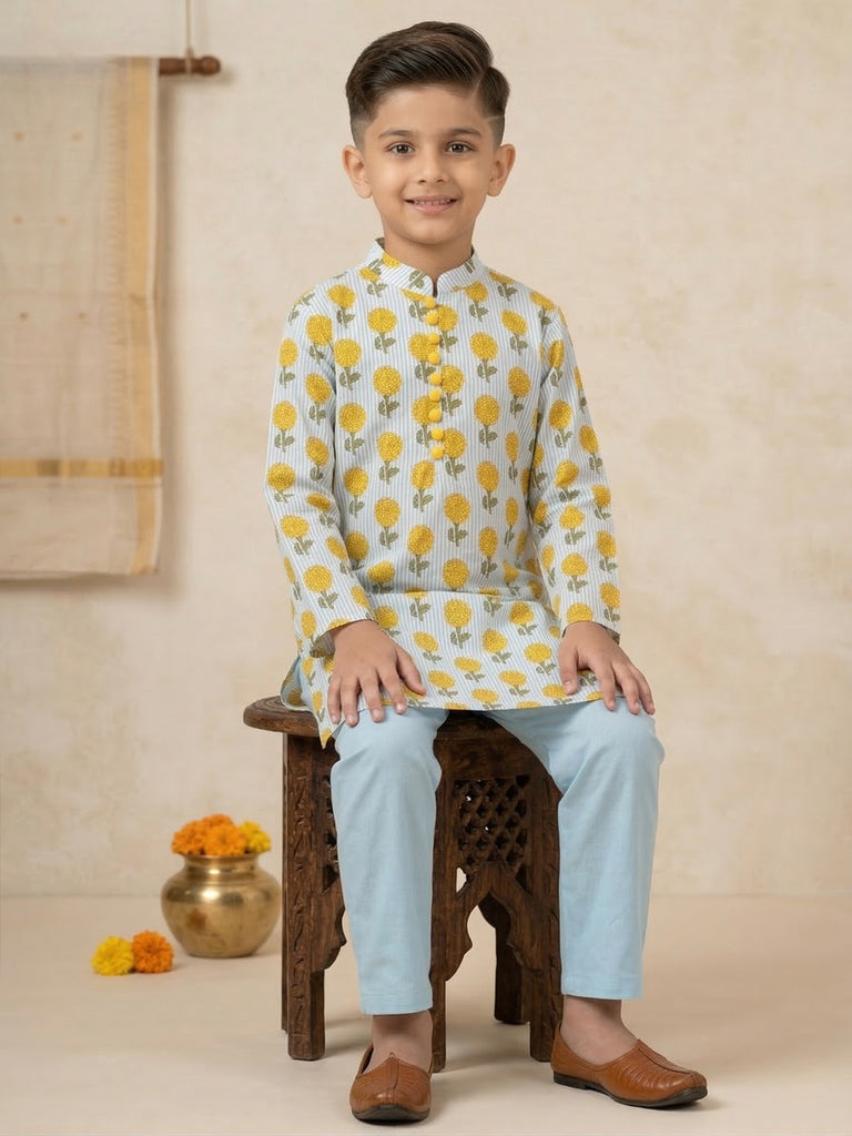 Pspeaches Boy Pastel Blue Ethnic Floral With Stripe Print Straight Fit Cotton Kurta With Pyjamas (Sku-Kp-Bluestripe)