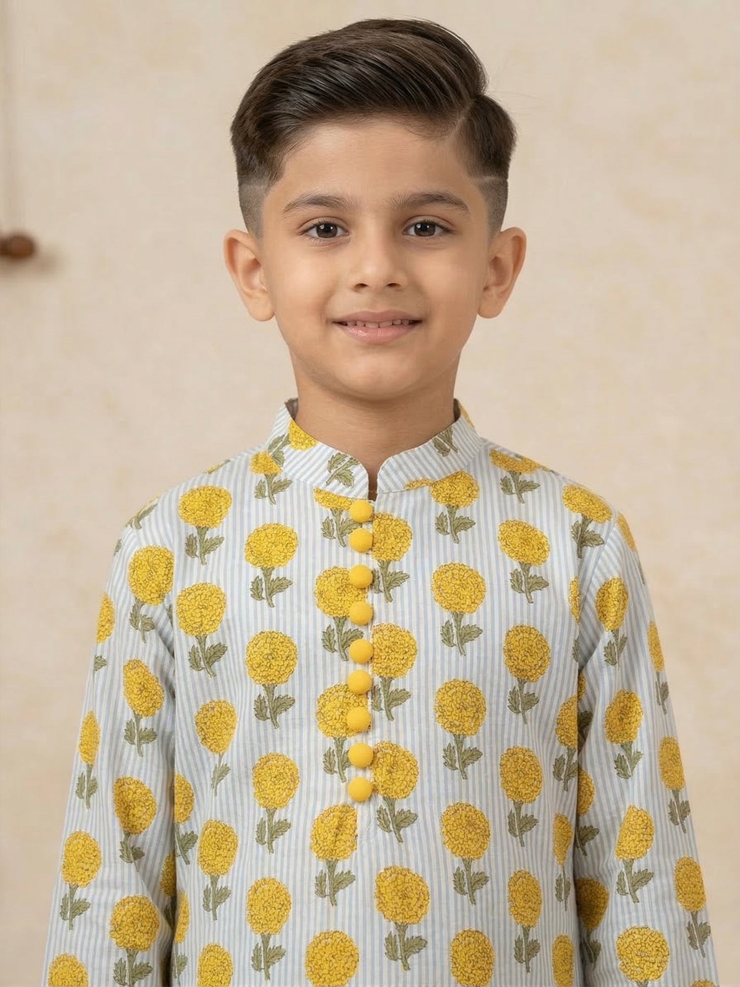 Pspeaches Boy Pastel Blue Ethnic Floral With Stripe Print Straight Fit Cotton Kurta With Pyjamas (Sku-Kp-Bluestripe)