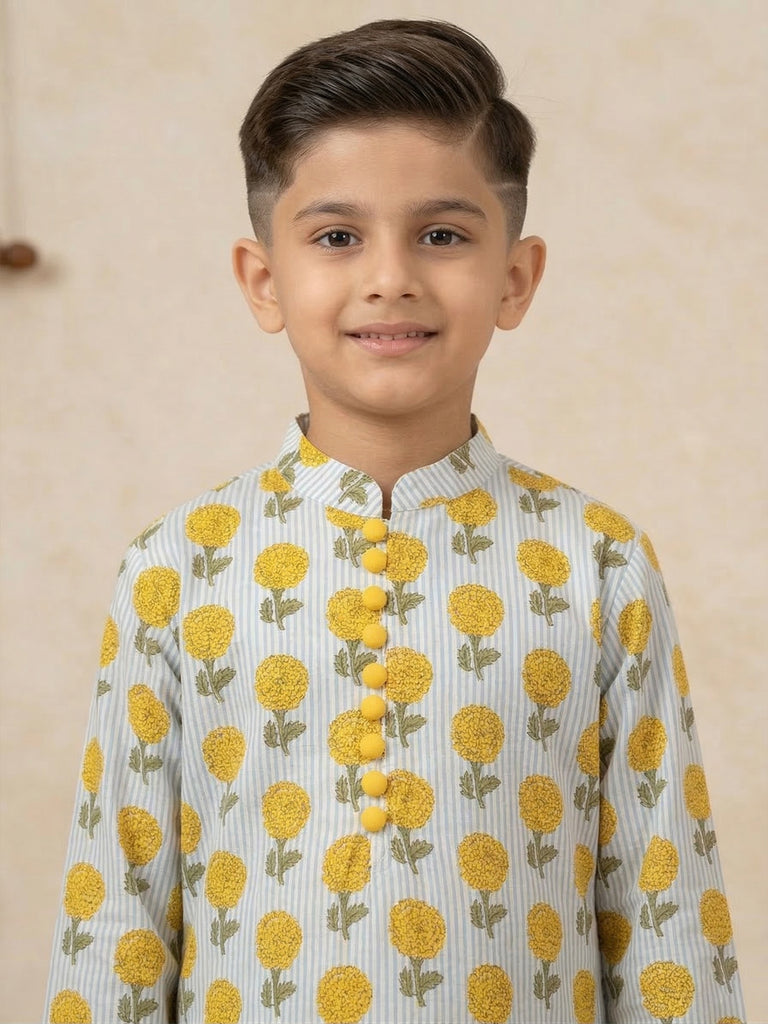 Pspeaches Boy Pastel Blue Ethnic Floral With Stripe Print Straight Fit Cotton Kurta With Pyjamas (Sku-Kp-Bluestripe)