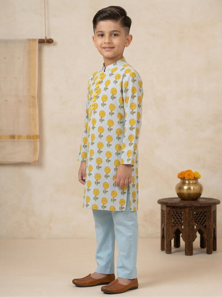 Pspeaches Boy Pastel Blue Ethnic Floral With Stripe Print Straight Fit Cotton Kurta With Pyjamas (Sku-Kp-Bluestripe)