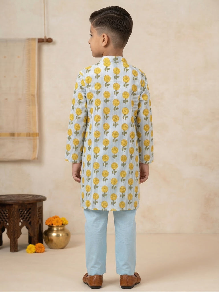 Pspeaches Boy Pastel Blue Ethnic Floral With Stripe Print Straight Fit Cotton Kurta With Pyjamas (Sku-Kp-Bluestripe)