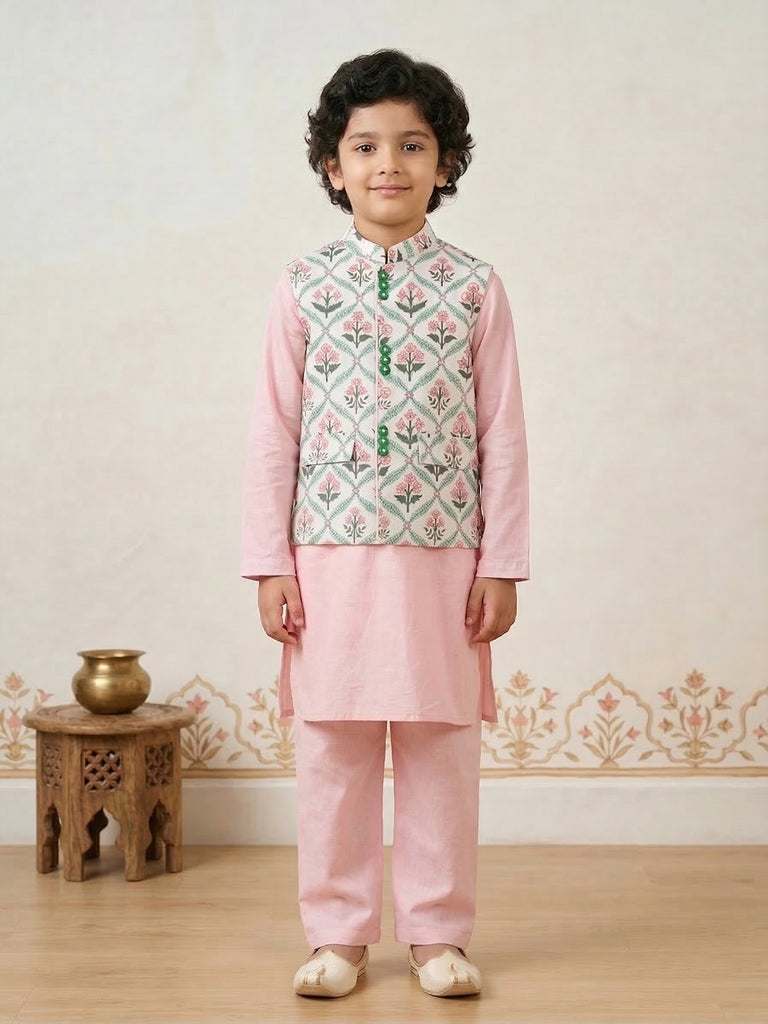Pspeaches Boy Pink Ethnic Solid Straight Fit Cotton Kurta & Pyjamas With Jacket (Sku-Kp-Floralpink)