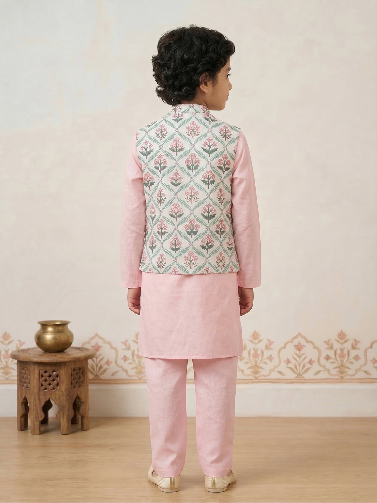 Pspeaches Boy Pink Ethnic Solid Straight Fit Cotton Kurta & Pyjamas With Jacket (Sku-Kp-Floralpink)