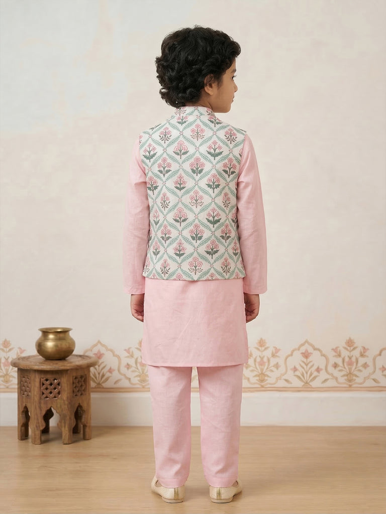 Pspeaches Boy Pink Ethnic Solid Straight Fit Cotton Kurta & Pyjamas With Jacket (Sku-Kp-Floralpink)