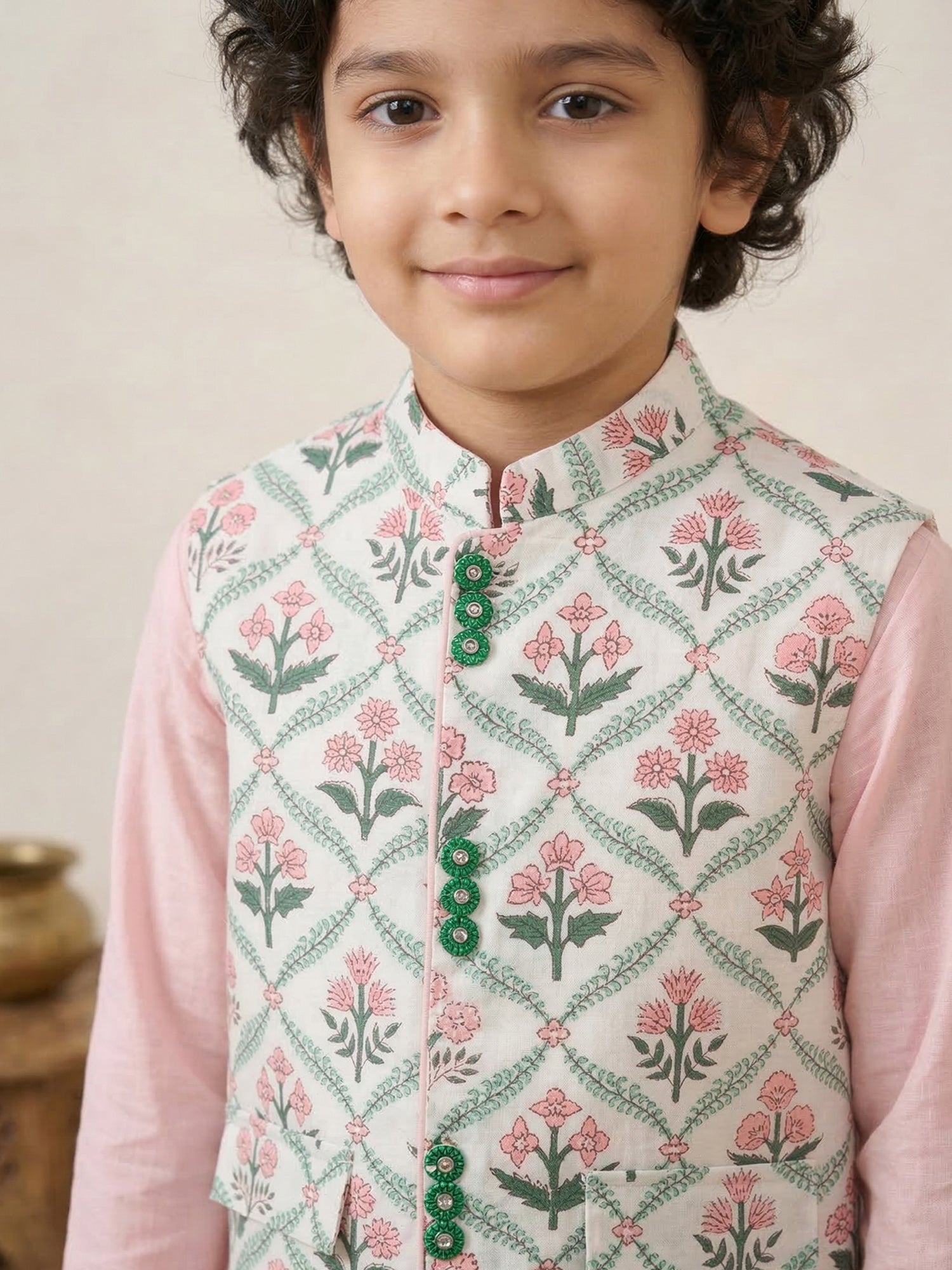 Pspeaches Boy Pink Ethnic Solid Straight Fit Cotton Kurta & Pyjamas With Jacket (Sku-Kp-Floralpink)