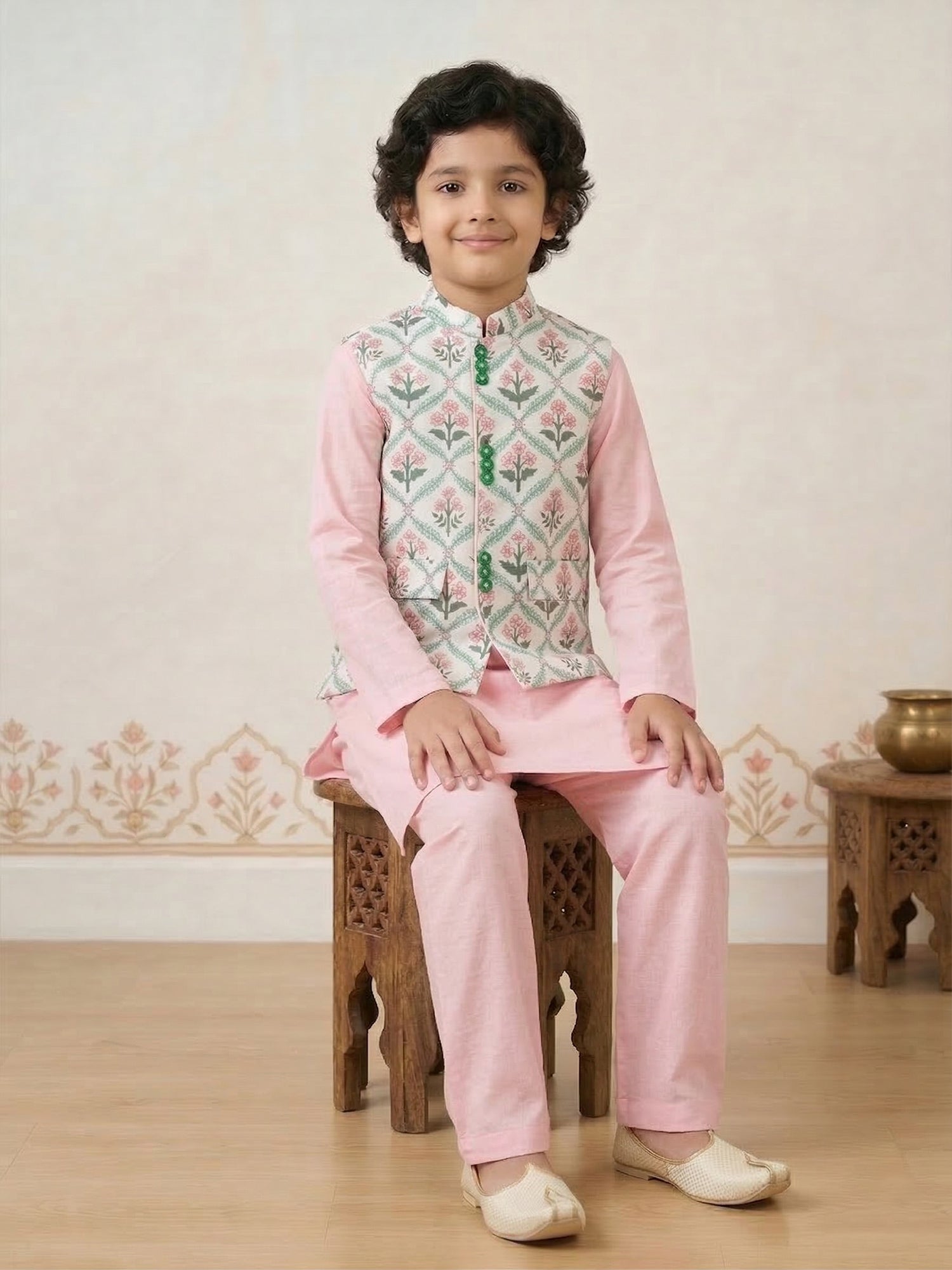 Pspeaches Boy Pink Ethnic Solid Straight Fit Cotton Kurta & Pyjamas With Jacket (Sku-Kp-Floralpink)