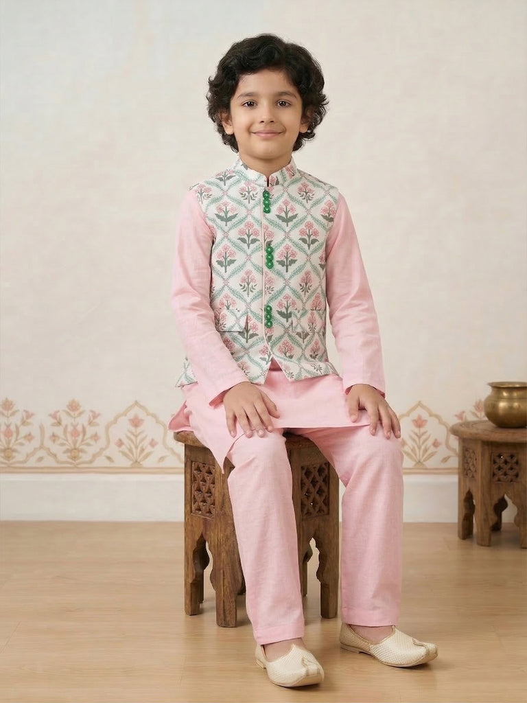 Pspeaches Boy Pink Ethnic Solid Straight Fit Cotton Kurta & Pyjamas With Jacket (Sku-Kp-Floralpink)