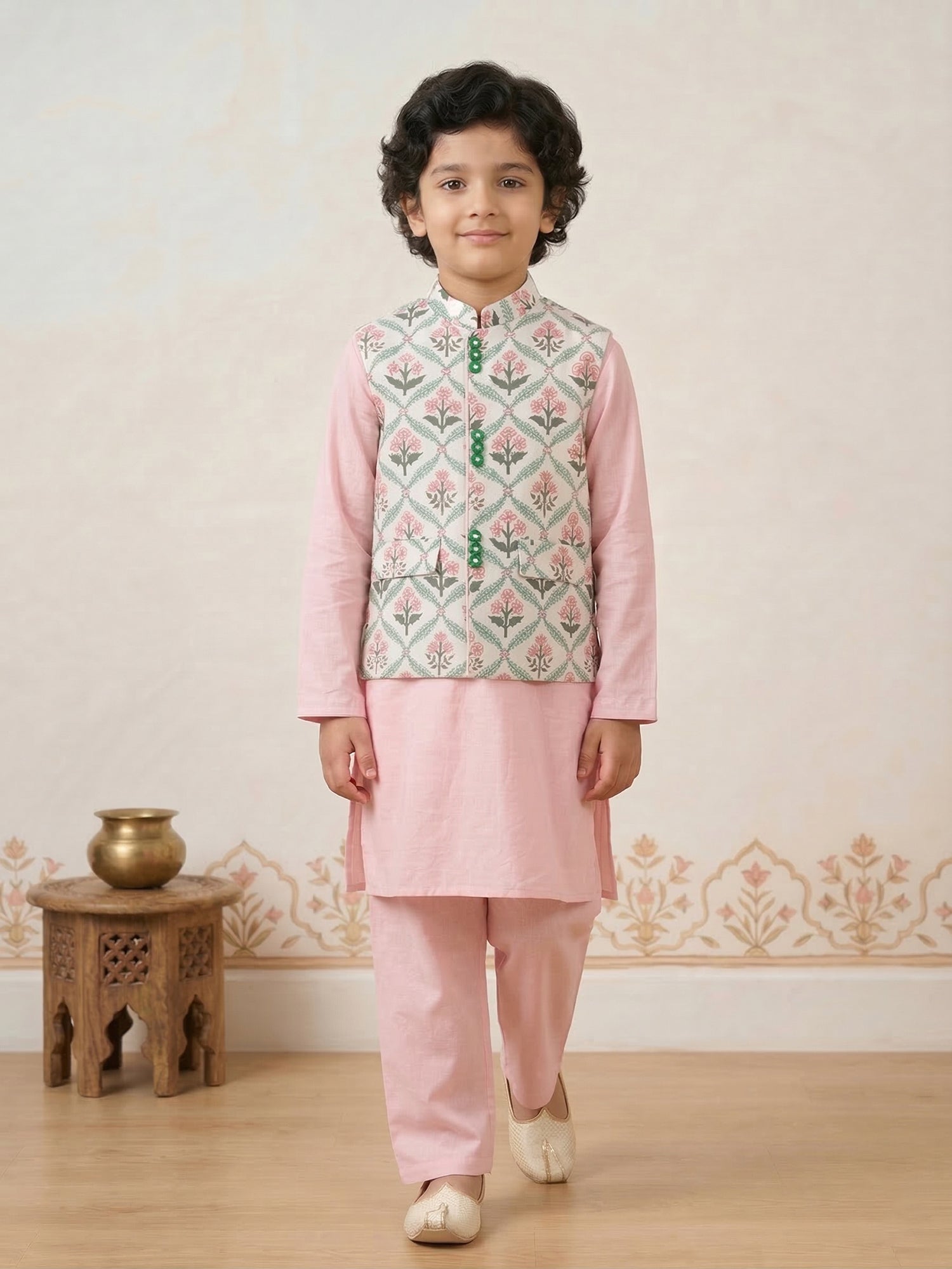 Pspeaches Boy Pink Ethnic Solid Straight Fit Cotton Kurta & Pyjamas With Jacket (Sku-Kp-Floralpink)