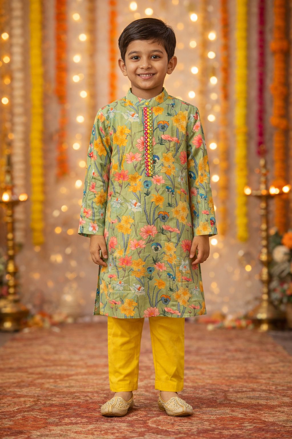 Pspeaches Boys Mustard & Green Ethnic Floral Printed Sugarcane embroided A-Line Kurta With Pyjama Set ( Sku-Kp-Greenmirror )
