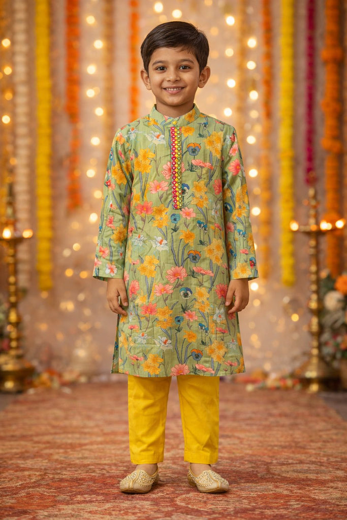 Pspeaches Boys Mustard & Green Ethnic Floral Printed Sugarcane embroided A-Line Kurta With Pyjama Set ( Sku-Kp-Greenmirror )