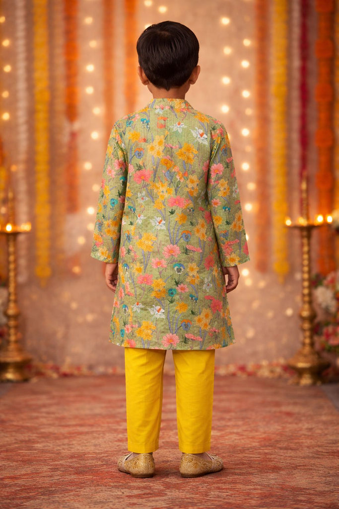 Pspeaches Boys Mustard & Green Ethnic Floral Printed Sugarcane embroided A-Line Kurta With Pyjama Set ( Sku-Kp-Greenmirror )