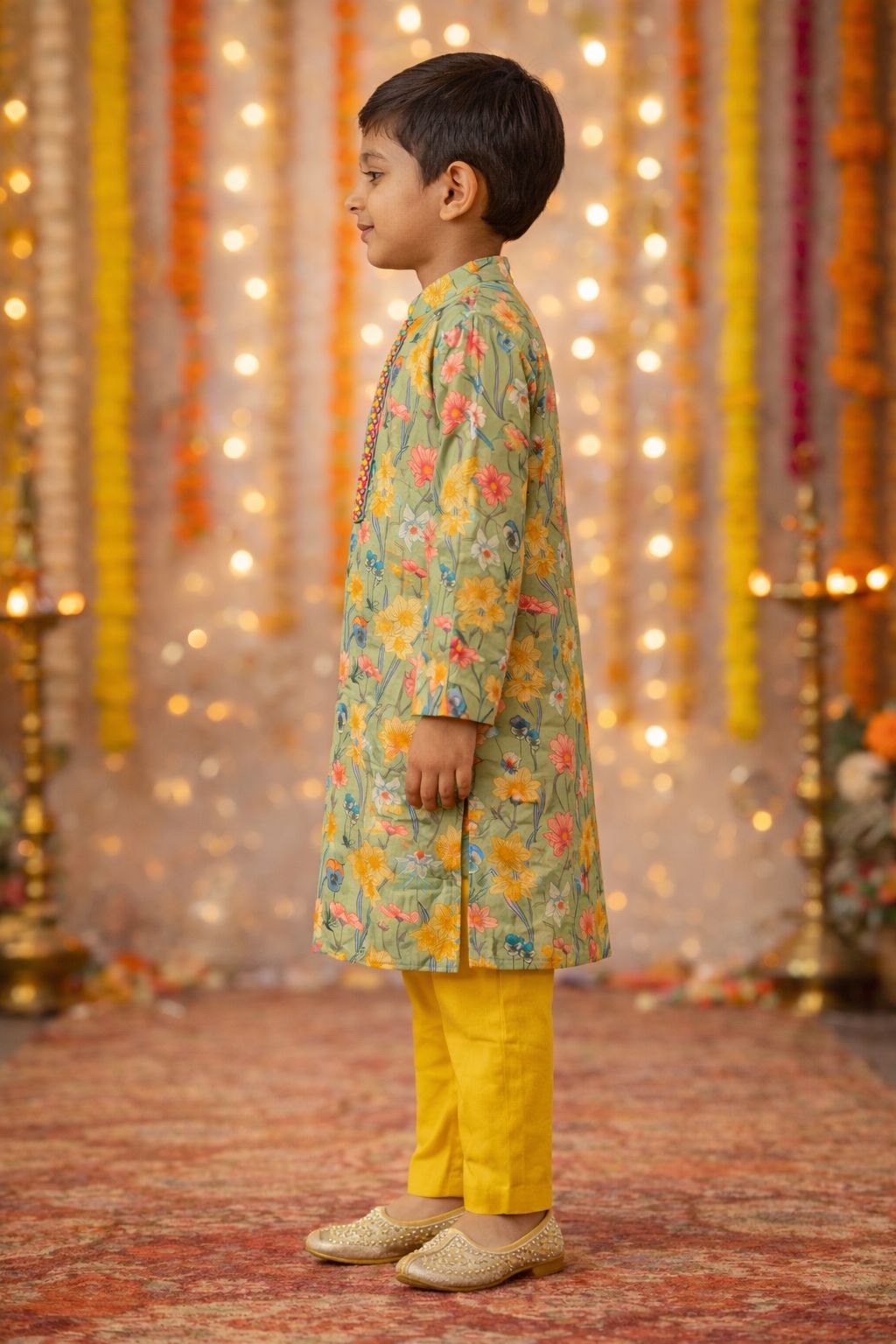 Pspeaches Boys Mustard & Green Ethnic Floral Printed Sugarcane embroided A-Line Kurta With Pyjama Set ( Sku-Kp-Greenmirror )