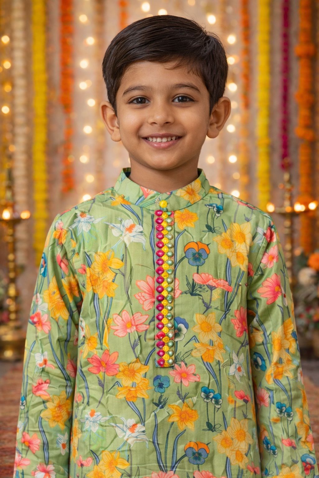 Pspeaches Boys Mustard & Green Ethnic Floral Printed Sugarcane embroided A-Line Kurta With Pyjama Set ( Sku-Kp-Greenmirror )