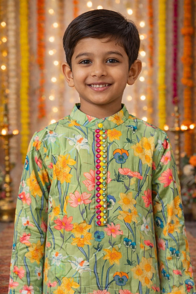 Pspeaches Boys Mustard & Green Ethnic Floral Printed Sugarcane embroided A-Line Kurta With Pyjama Set ( Sku-Kp-Greenmirror )