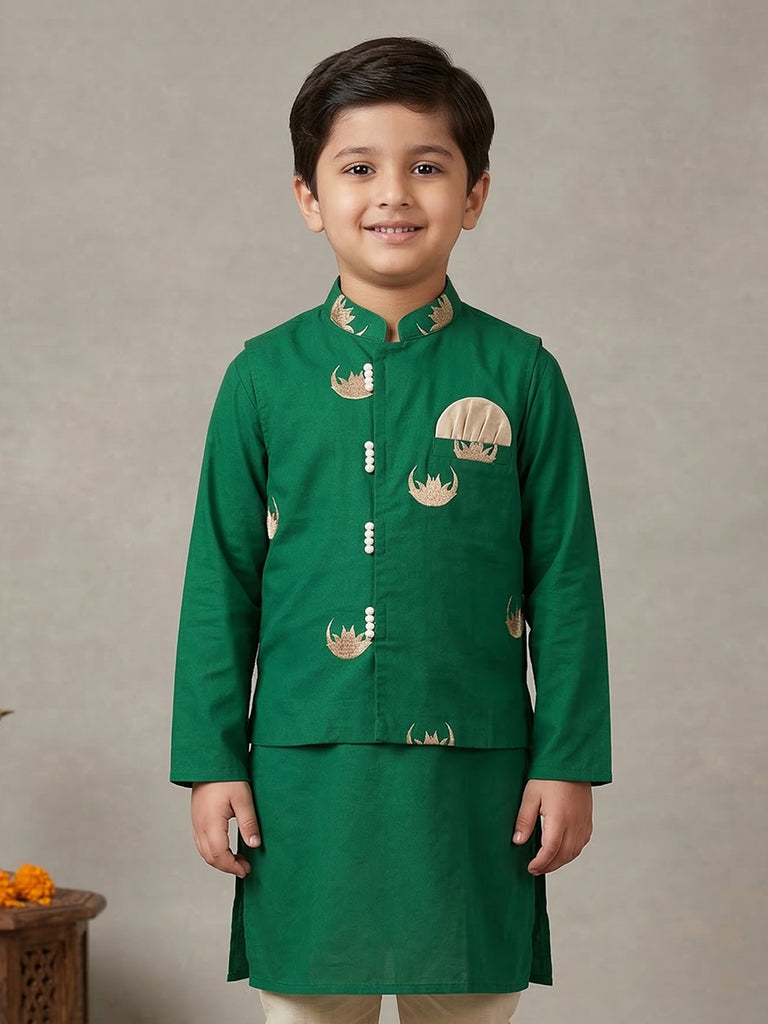 Pspeaches Boy Green Ethnic Solid Straight Fit Cotton Kurta & Pyjamas With  Moon print Jacket (Sku-Kp-Greenmoon)